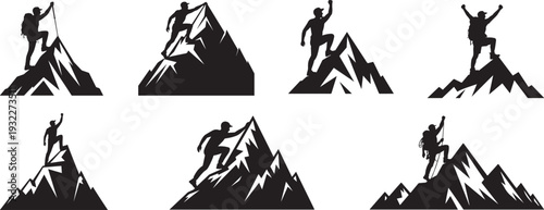 Silhouettes of people climbing and standing triumphantly on various mountain peaks against a white backdrop