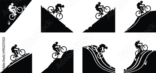 Set of mountain bike silhouettes featuring cyclists riding uphill and downhill on rugged terrain steep slopes and rocky trails isolated on white background