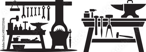 Silhouettes show a traditional blacksmith workshop with an anvil, workbench, and various metalworking tools