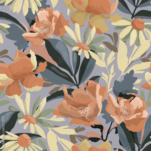 Vector floral seamless pattern. Pale yellow daisies, beige godetia