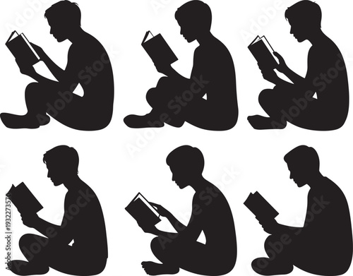 Six identical black silhouettes of a young person sitting calmly and deeply engrossed in reading a book