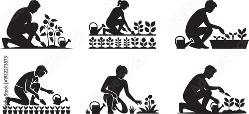 Six diverse black silhouettes show people planting and caring for vegetables and flowers in a garden