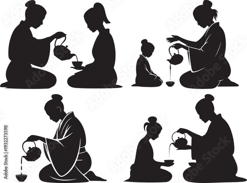 Six traditional black silhouettes show people gracefully pouring tea during a beautiful ceremony