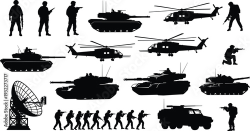 Set of Vector Military Silhouettes Featuring Armed Soldiers Tanks Helicopters Radar and Armored Vehicles for War Combat Defense Strategy History and Tactical Gaming Graphics