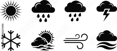 Black Weather Icon Silhouette Set Featuring Sun Clouds Rain Storm Lightning Snowflake Wind and Fog Symbols for Meteorology Forecast App Interface.