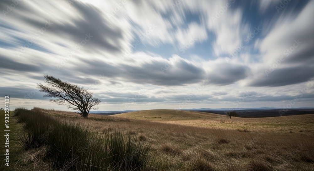 Fototapeta premium A lone tree stands in a vast, open field under a cloudy sky.