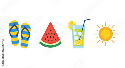 Vibrant summer icons including flip flops, watermelon, lemonade, and sunny weather