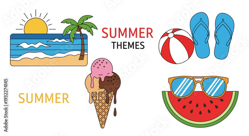 Vibrant Summer Themes Collection with Beach and Treats