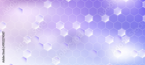 Purple pastel medical and tech background with hexagon pattern and bright sparkles. Realistic vector abstract bg with honeycomb geometric cell texture for medicine and science technology design.