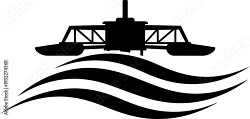 Silhouette of a paddle steamer navigating over stylized waves