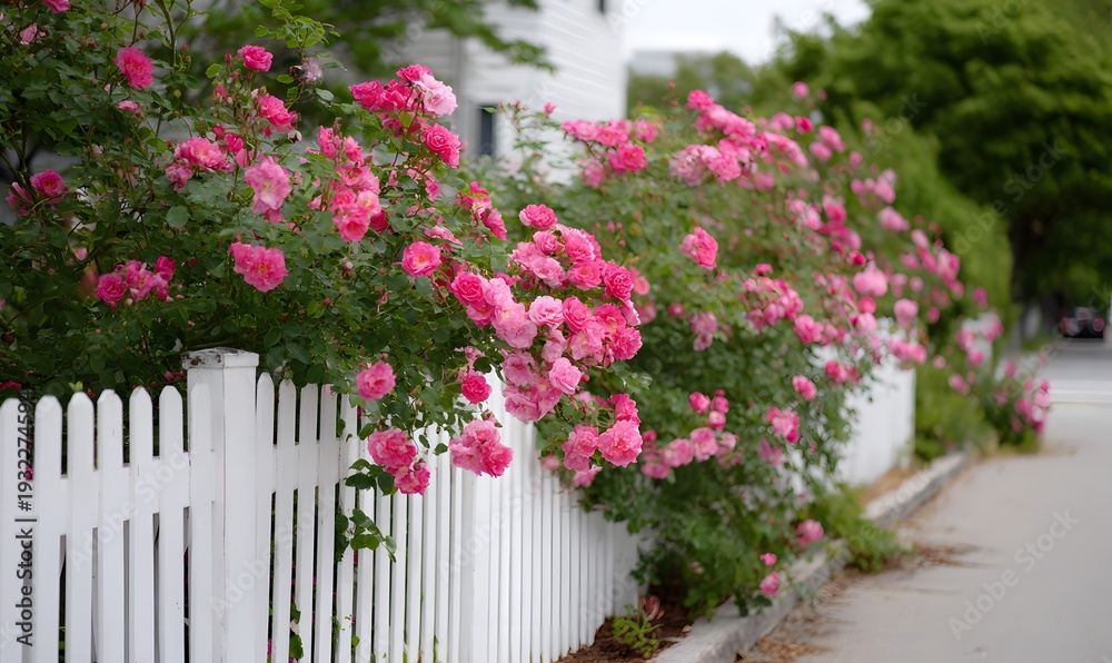Naklejka premium In the spring garden, a large patch of bright pink roses blooms beside the white fence, with vines gently twining and flowers layered upon each other