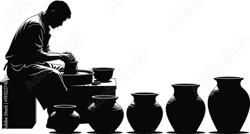 Silhouette of a male potter working on a pottery wheel making ceramic vases and clay pots handcrafting traditional stoneware isolated on white background