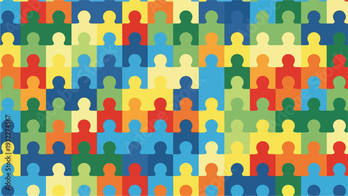 Colorful puzzle pattern, composed of interlocking shapes, creates a grid design