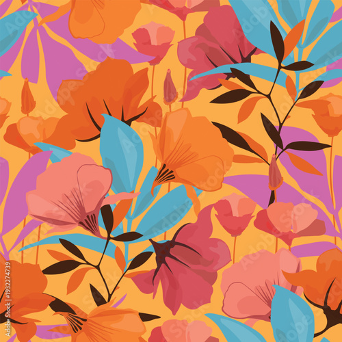 Vector floral seamless pattern. Orange, red, pink flowers