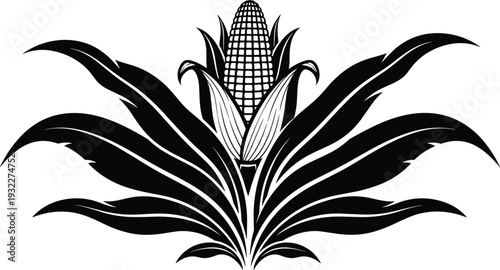 Corn Cob Silhouette with Large Leaves Agriculture Farm Vegetable Harvest Maize Plant Nature Organic Food Symbol Vector Illustration by Flavector