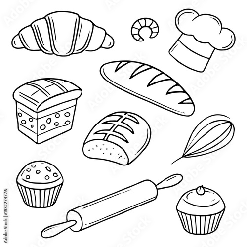 Hand drawn vector illustration set of sweet bakery products and chocolate cakes featuring breakfast pastry icons like croissants and cupcakes for cafe and dessert menu design
