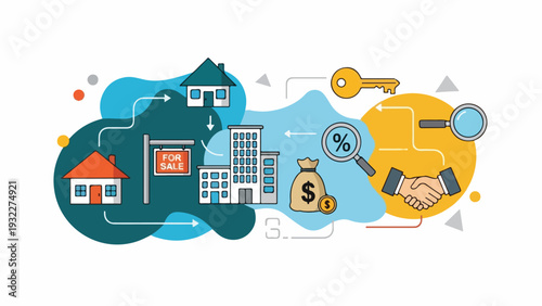 Colorful real estate illustration with houses, money, and key