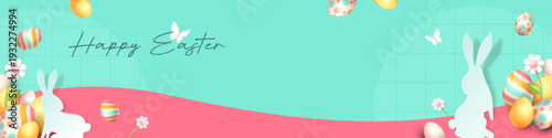 Happy easter banner background with spring time nature landscape colored easter eggs bunny and copy space