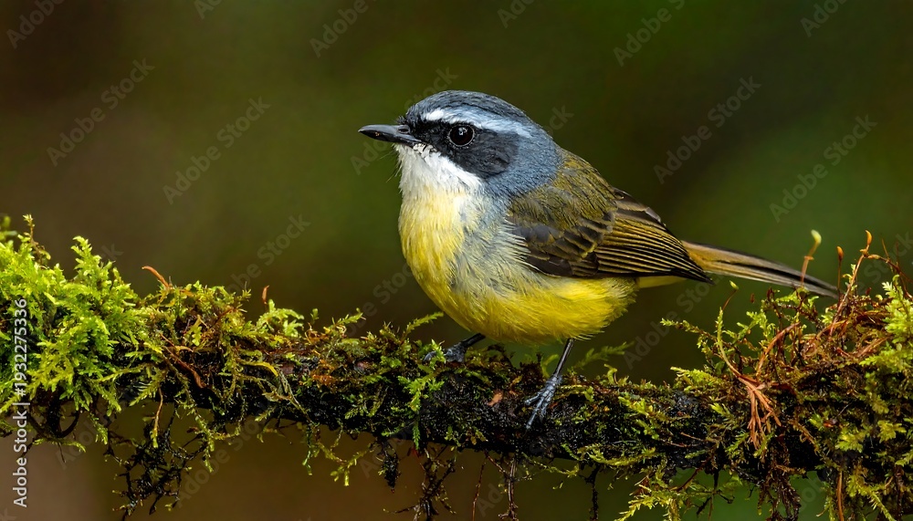 Obraz premium A small bird with yellow chest and gray head perched on a mossy branch