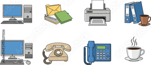 Vector illustration collection of office and workspace equipment featuring desktop computers, printers, stacked files, telephones, and coffee cups in a clean cartoon style.