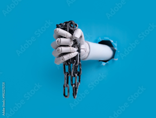 AI Robotic Hand Holding Steel Chains for Cybersecurity and Safety Concept
