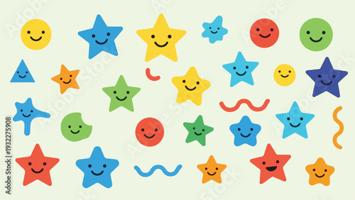 Colorful, smiling shapes on a pale yellow background, creating a playful, happy design