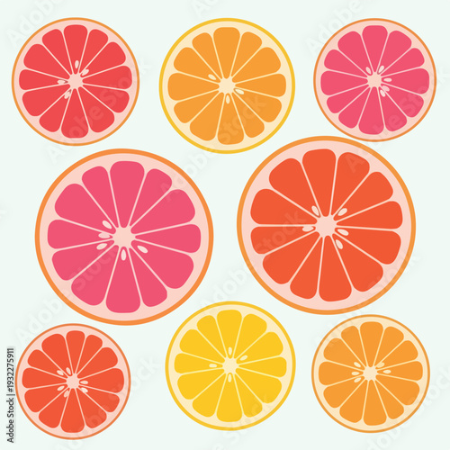Colorful slices of fruit, arranged in a simple, flat design
