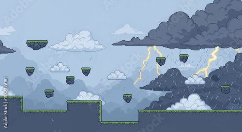 Pixel Art Stormy Sky Platformer Game Background with Lightning