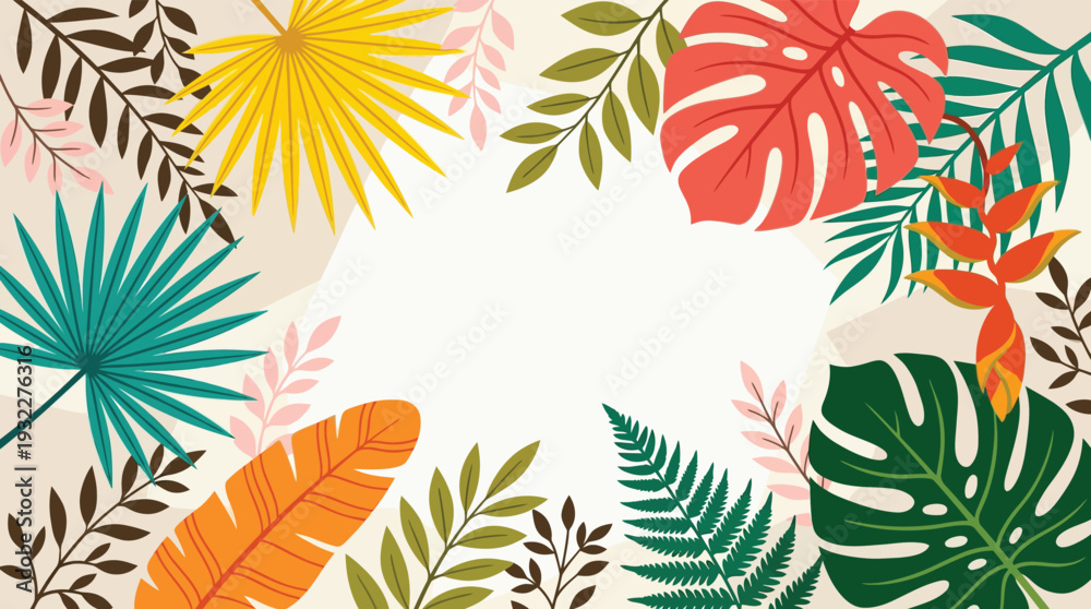 Fototapeta premium Vibrant tropical leaves and exotic flowers frame with copy space