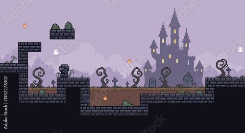 Spooky Pixel Art Cemetery Game Level with Gothic Fantasy Castle