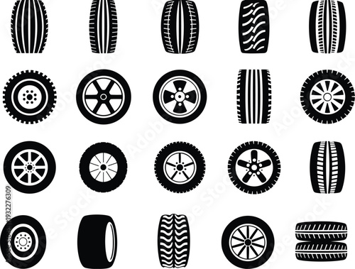 Car Tire and Wheel Collection Vector Illustration, Automotive Tyre Tread Patterns and Rim Icons Set Isolated