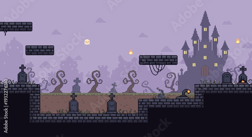 Haunted Graveyard Pixel Art Platformer Game Background with Dark Castle