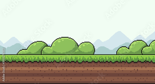 Green Pixel Art Side Scrolling Game Landscape with Bushes