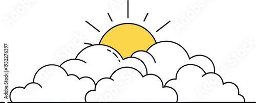 Minimalist line art illustration depicts a bright yellow sun rising above fluffy white clouds on a pale blue background.