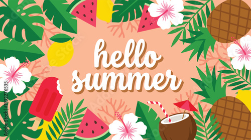 Vibrant Hello Summer text with tropical leaves fruits and hibiscus flowers vector art