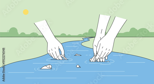 Illustration depicts a pair of hands actively removing small pieces of litter from a winding blue river flowing through a green landscape.