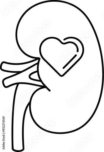 A simple black outline illustration depicting a healthy human kidney with a prominent heart symbol emphasizing organ donation and health awareness.