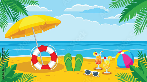 Vibrant Summer Beach Scene with Umbrella Lifebuoy Drinks and Flip Flops