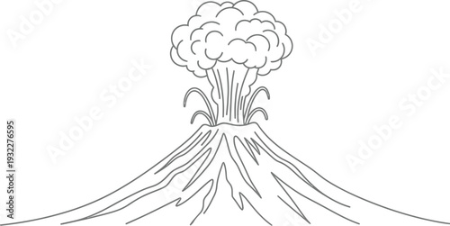 Simple black and white line art illustration depicts a cone shaped volcano actively erupting with a large ash cloud.