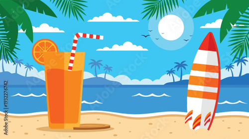 Tropical beach scene with fresh orange juice and surfboard illustration