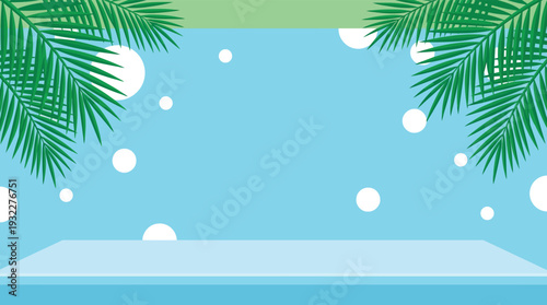Tropical summer product display podium with palm leaves and blue background