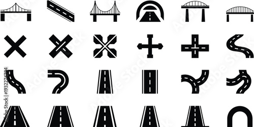 Road and Bridge Icon Set Black Transportation Silhouette Vector Collection Isolated on White Background Featuring Highway Intersections, Tunnels and Crossroads Symbols