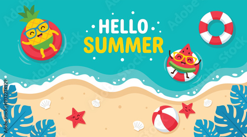 Cartoon Pineapple Watermelon Floating Hello Summer Beach Background
