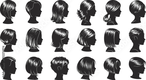 Women Profile Silhouette Icon Set Female Head and Hairstyle Vector Collection Isolated on White Background Featuring Short and Medium Haircuts Design