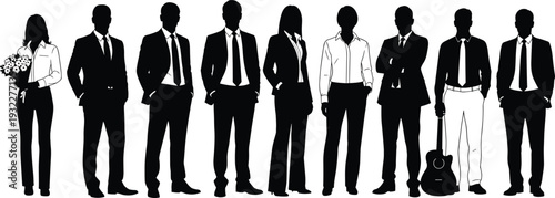 Vector illustration featuring a diverse collection of black silhouette business people in formal suits and office attire, including a musician with a guitar.