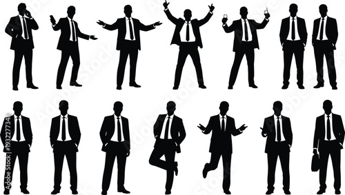 Vector illustration featuring a large collection of black silhouette icons of businessmen in formal suits performing various expressive poses, gestures, and professional actions.