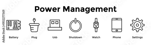 Power Management Banner Web Icon Vector Illustration Concept For Battery, Plug, Usb, Shutdown, Watch, Phone, Settings
