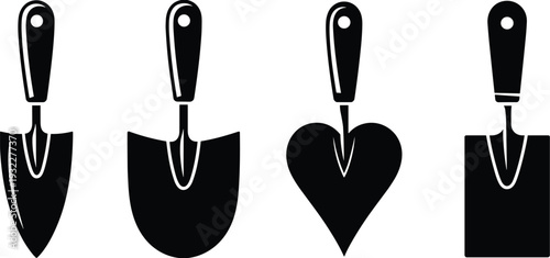 Garden Trowel Shovel Silhouette Vector Illustration, Hand Tool Icons for Gardening and Landscaping Set