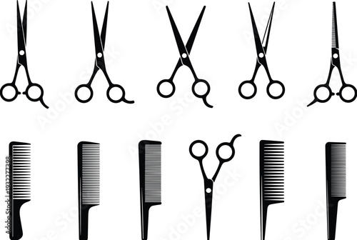 Hairdressing Scissors and Combs Silhouette Vector Set, Barber Salon Professional Tools Collection Illustration