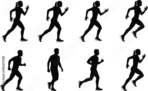 Vector illustration featuring black silhouette icons of active men and women running and jogging in various expressive athletic poses for fitness and health designs.